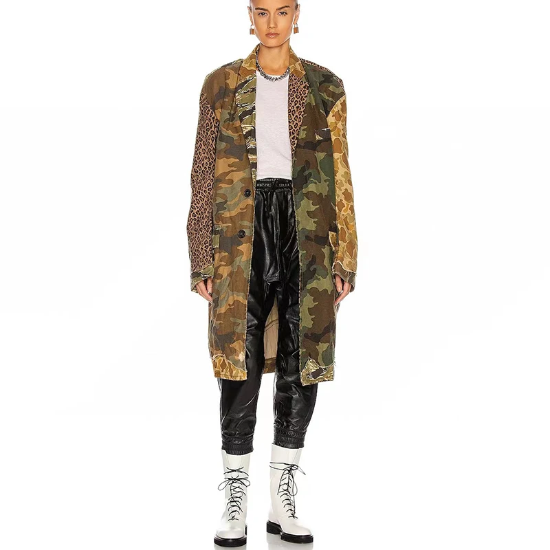 

Leopard Print Multi Block Patchwork Trench Coat Long Camouflage Long Jacket Coat High Quality Women's Tops 2023 Autumn New y2k