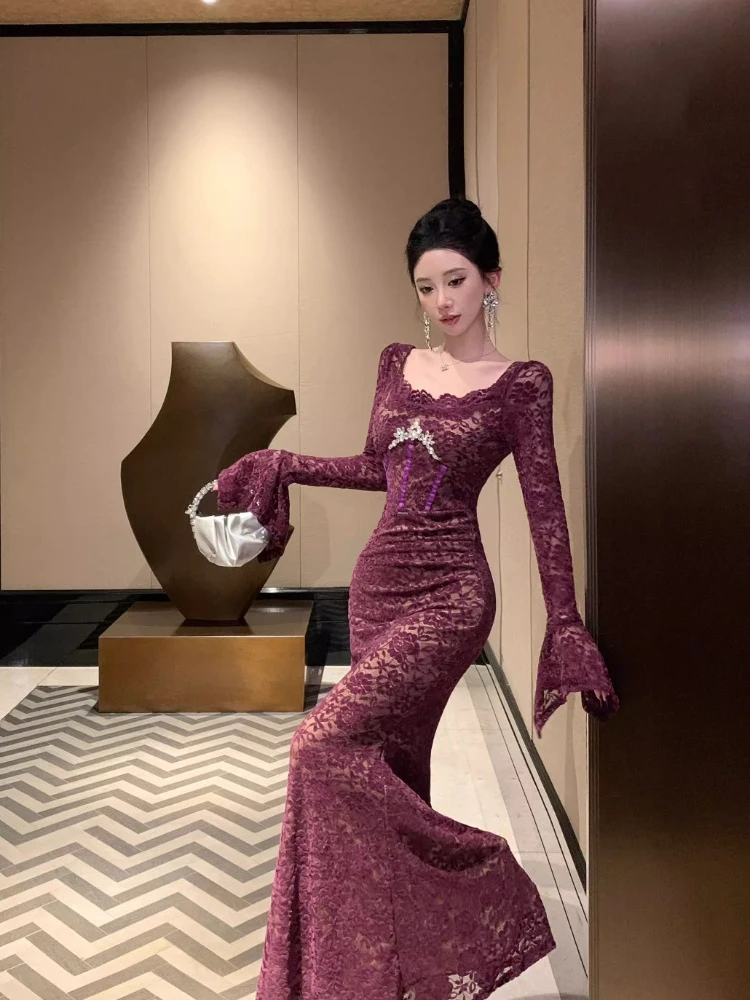 Платье-Русалка Женское кружевное с длинным рукавом