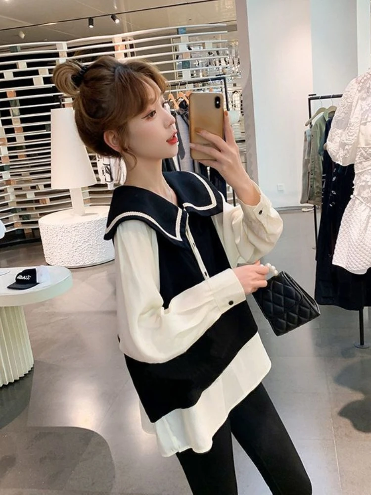 Hikigawa шикарные модные контрастные цветные женские рубашки с воротником Питер Пэн