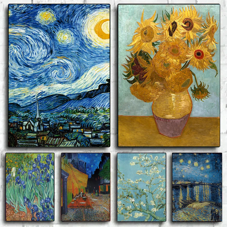 Знаменитые картины интерьера Ван Гога Подсолнух Кафе Терраса ночью Звездная