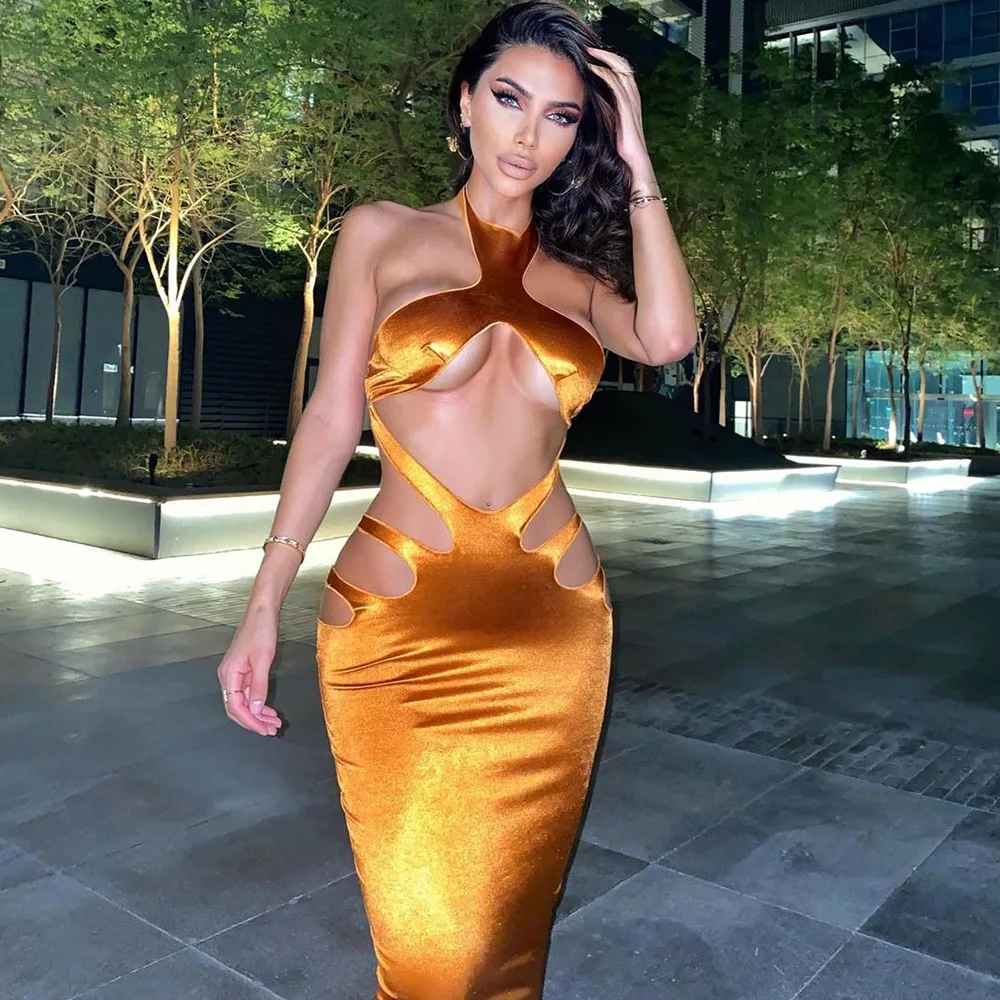 

2022 Sleeveless Solid Hollow Out Halter Maxi Dress Autumn Winter Women Fashion Sexy Party Club Clothings