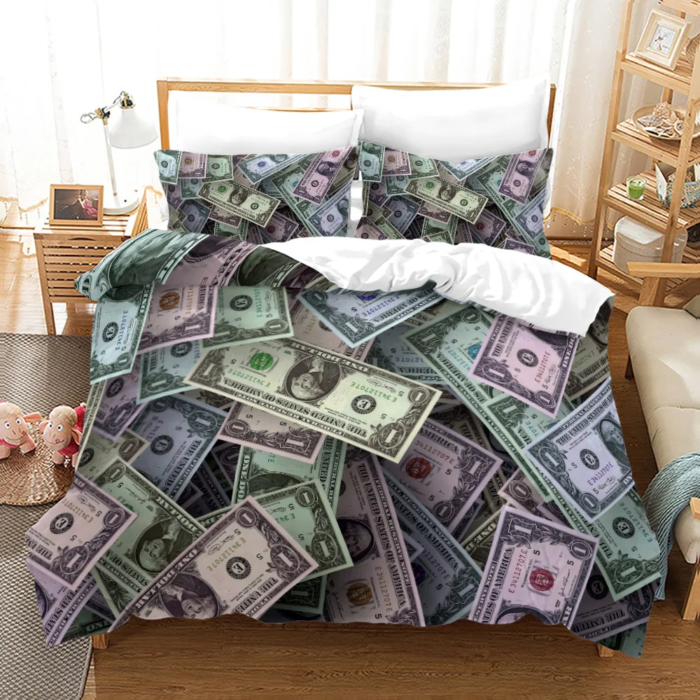 

Money Print Bedding Set King Queen Size Dollar Bills with The Portrait of Ben Franklin Decorative 2 3Pcs Polyester Duvet Cover