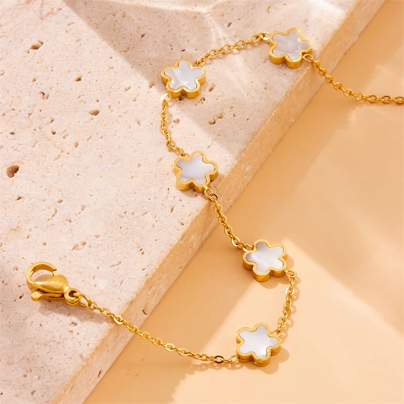 Женский браслет из нержавеющей стали MEYRROYU белой морской ракушки с пятью листьями