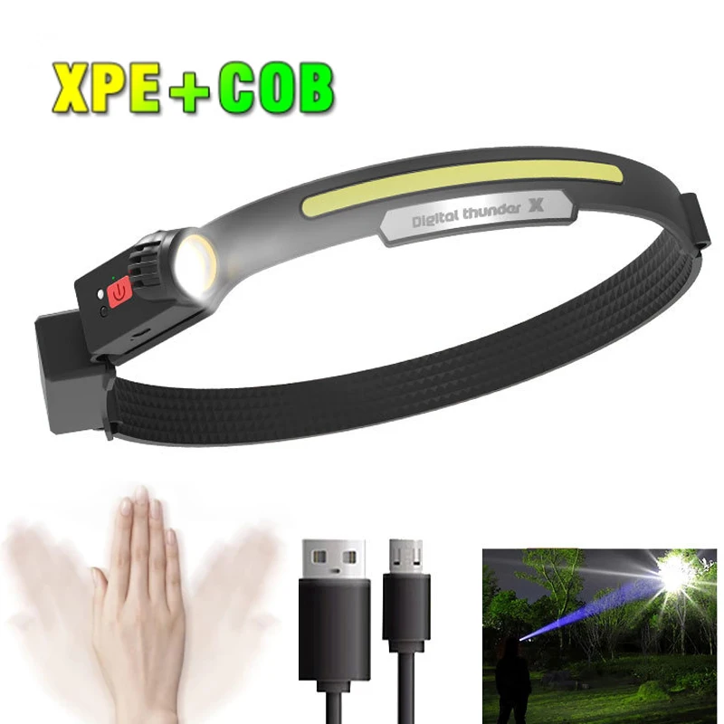 New Upgraded Induction COB Headlamp Dual Light Source Headlight USB Charging Head Lamp Waterproof  Fishing Light