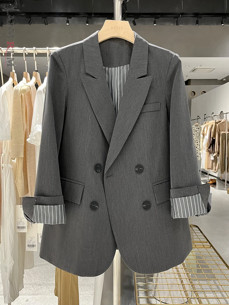 

LANMREM Korean Solid Blazer Coat For Women Striped Long Sleeves Double Breasted Designer Back Coats Female Clothing 2023 2XZ100