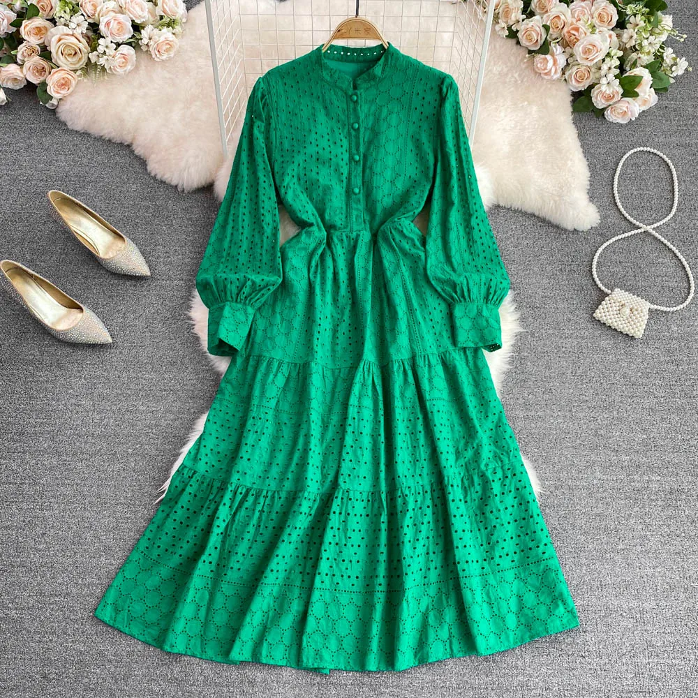 Women's Vintage Spring Autumn Long Sleeve Single Breasted Long Dress Lady Chic Solid Color Lantern Sleeve Hollow Out Dress
