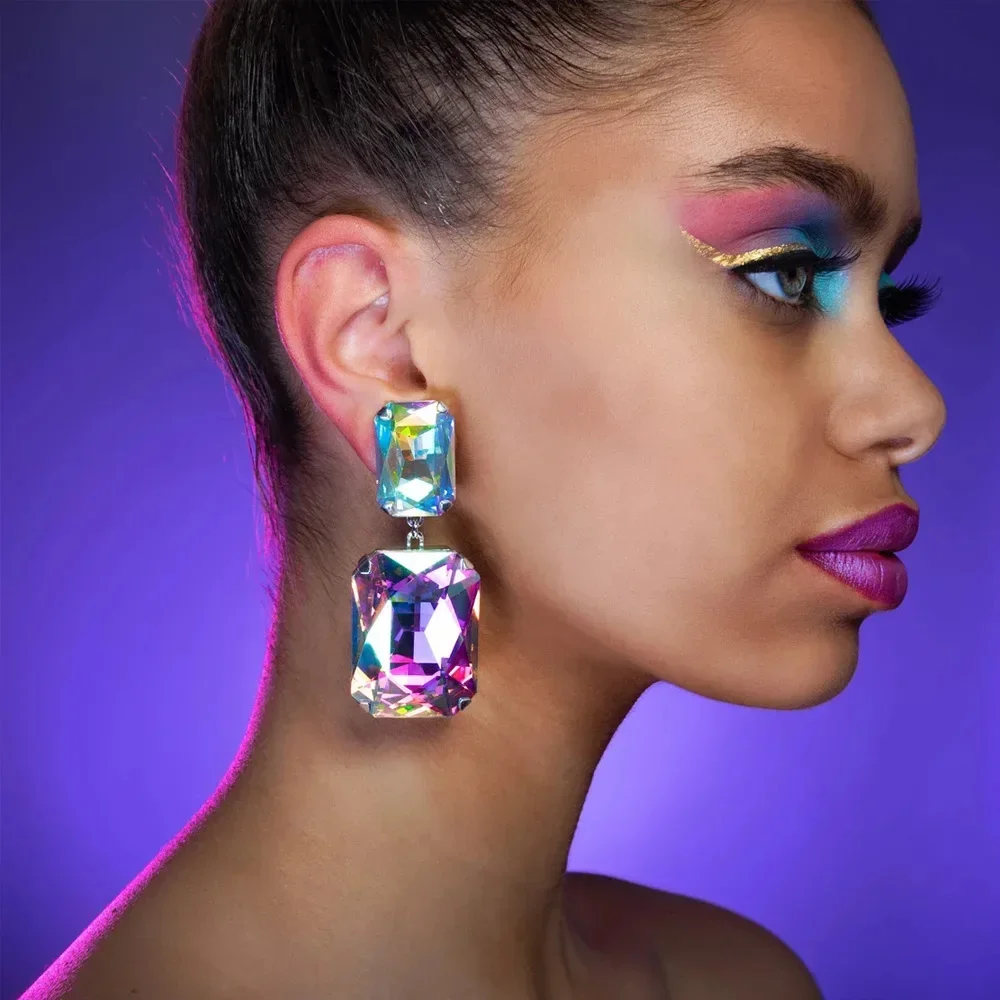 Блестящие прямоугольные серьги-капли со стразами AB для женщин преувеличенные
