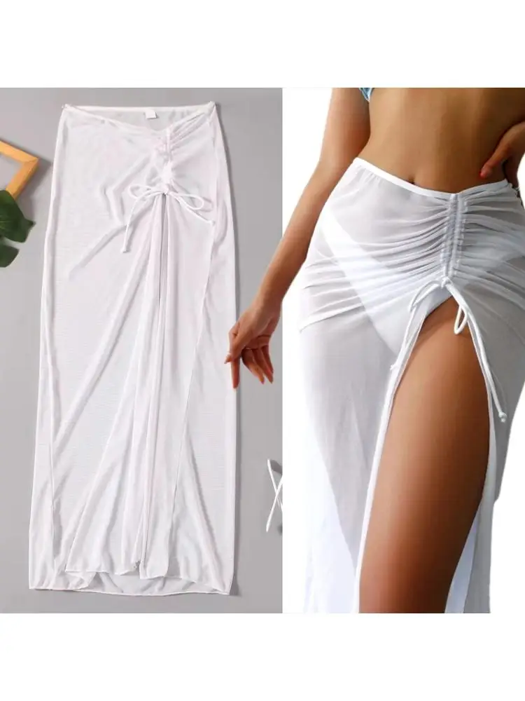 

Women Swimsuit Cover Up Sexy High Split Side Ruched Drawstring Beach Mesh Skirt