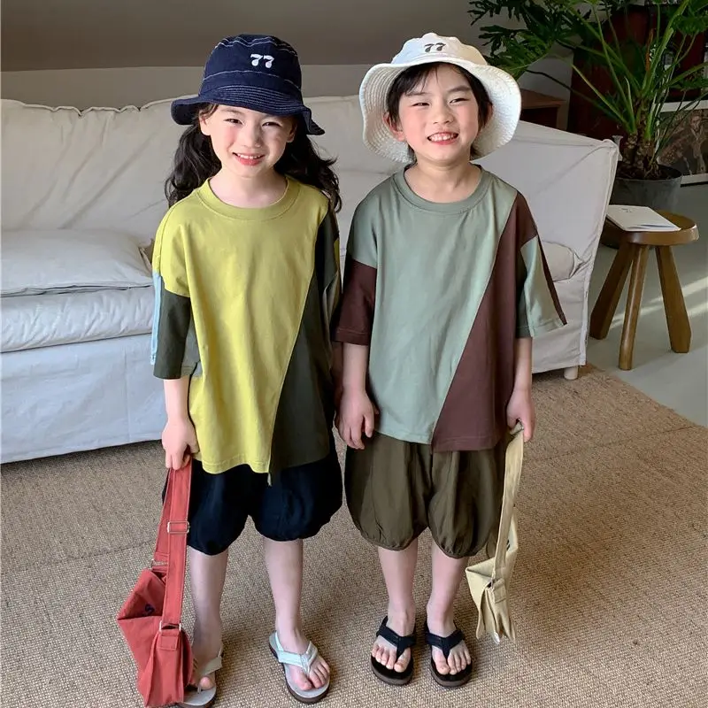 

Summer New Children's T-shirt Round Neck Short Sleeve Tees Boys' Outdoor Sports Loose Colorblock Tops Baby Girls Clothing
