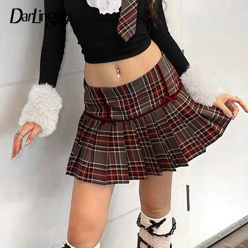 

Darlingaga Vintage Fashion Y2K Plaid Skirt Women 90s Aesthetic Bow Checkered Pleated Skirt Mini Preppy Style Bottom Stitched New