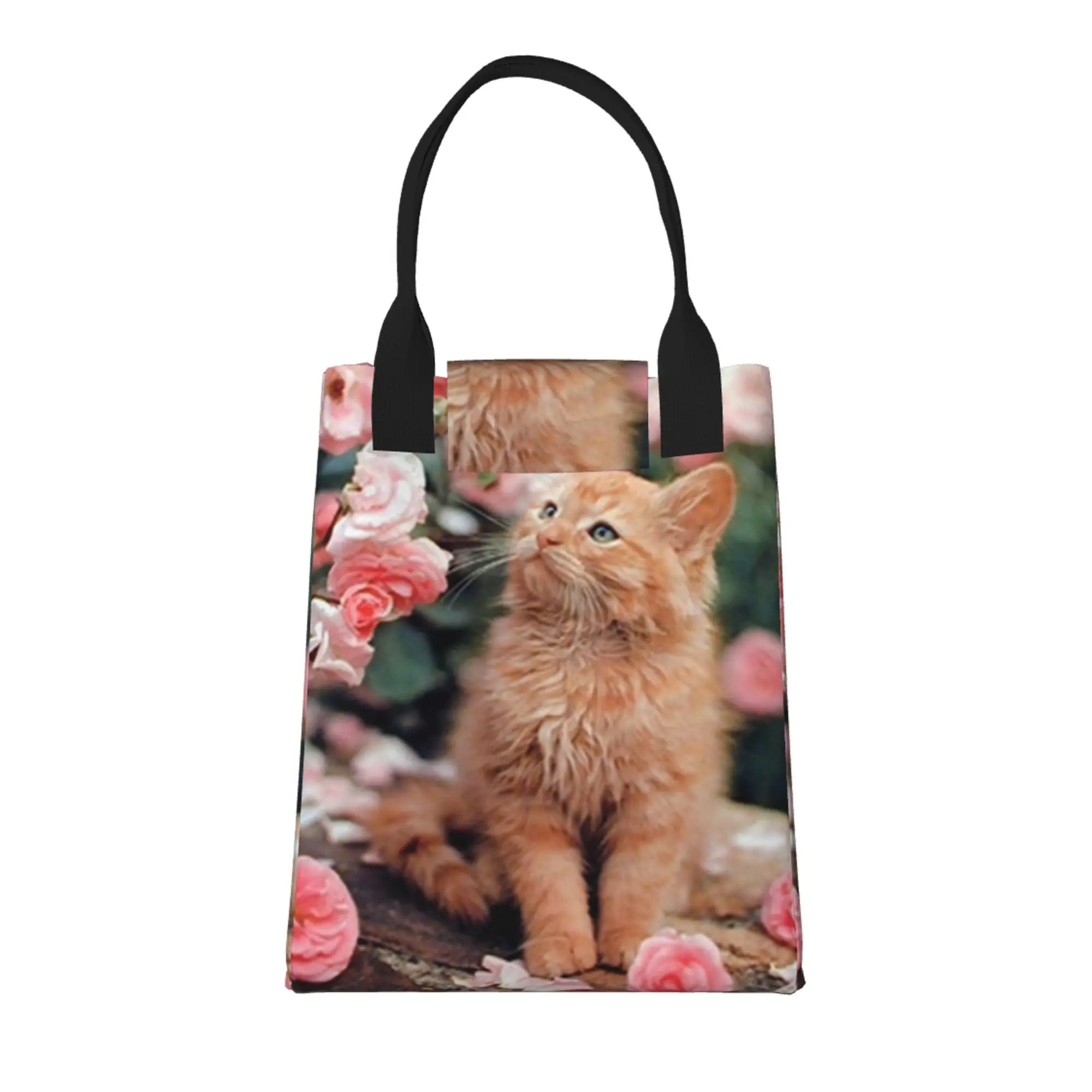 

Cute Cat La Perm Roses Large Trendy Grocery Tote with Handles, Reusable Shopping Bag Made of Durable Vintage Cotton Fabric