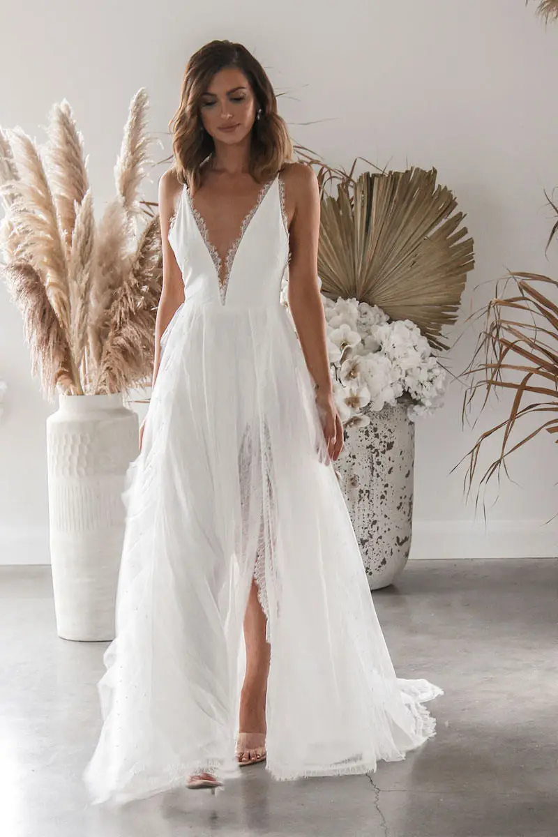 

Sexy Deep V Neck Women Formal Dresses Lace Backless Sleeveless White Dress Fashion Party Beach Elegant Banquet Bridal Clothing