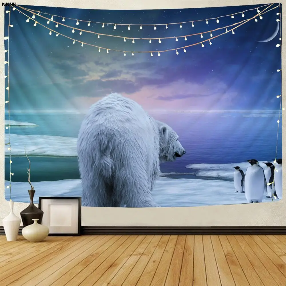 Фото NKNK бренда Aurora Tapiz с северным светом, 3D-печать, рисунок в стиле Триппи, мандала, белый медведь, гобелены, пингвин, домашний декор №1