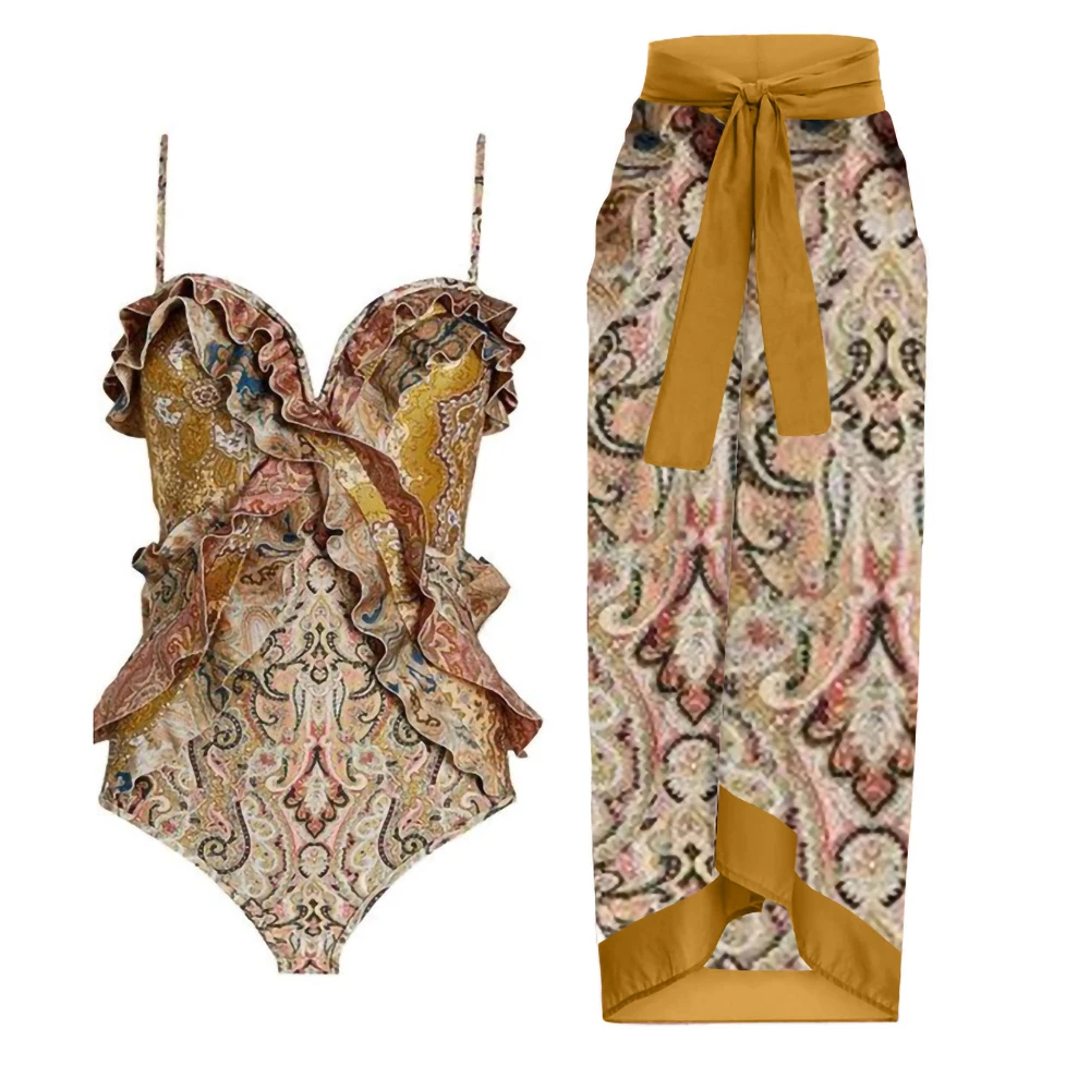 

Fashion Exotic Print One Piece Ruffle Slim Bikinis String Sling Swimsuit Ladies Lacing Up Cover Up Elegant Beachwear Gather Chic