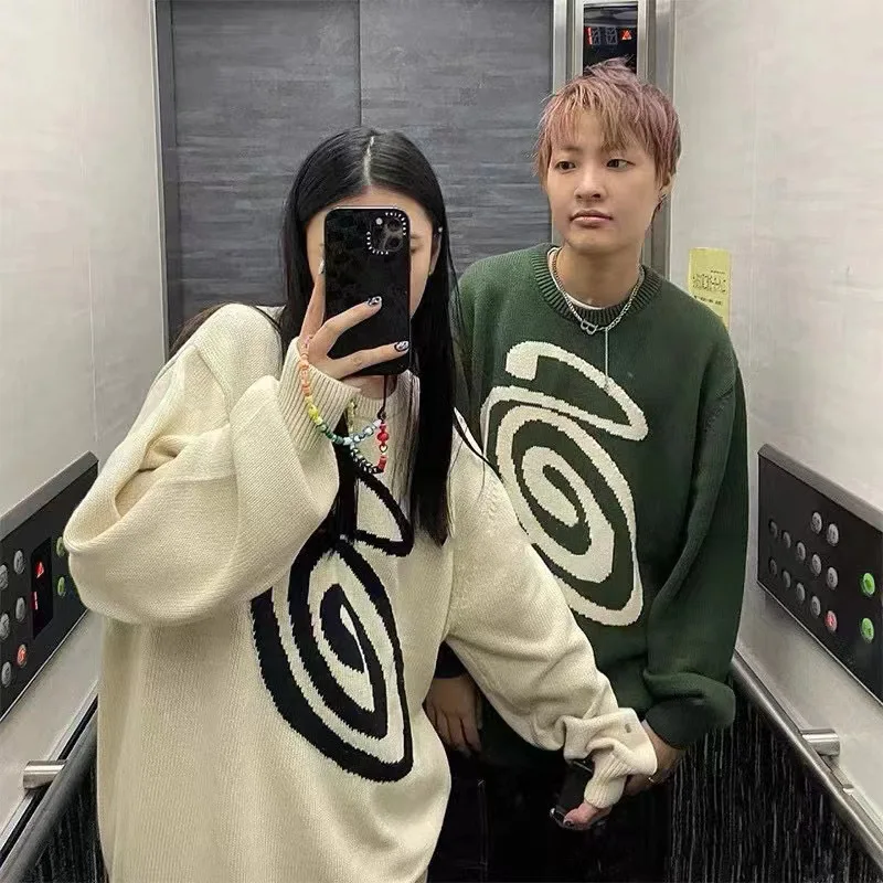 Фото Y2k Millennium Wind Mosquito Coil Pattern Printed Pattern Round Neck Loose Sweater Street Style Knitted Sweater Top For Women №1