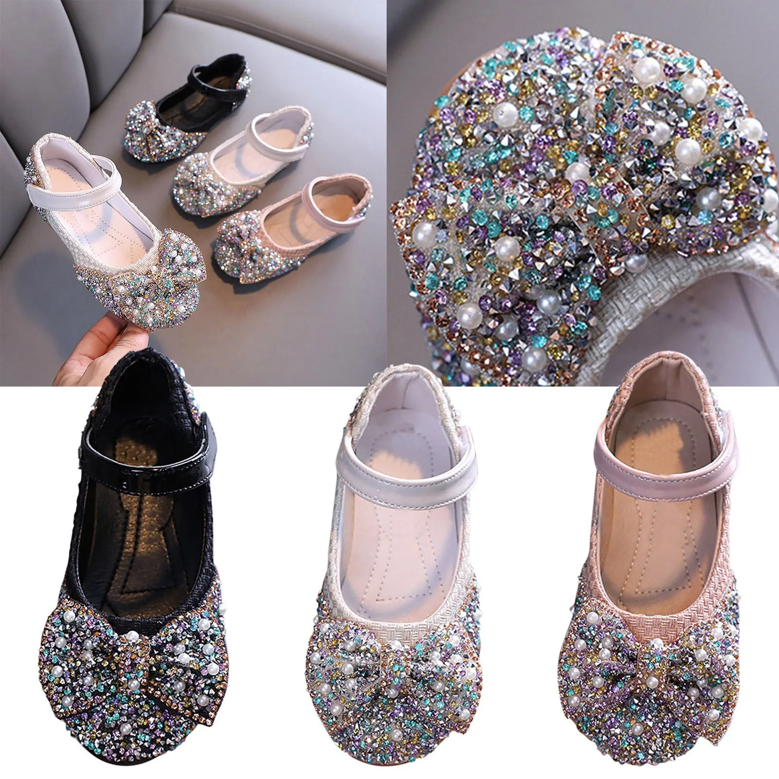 

Girls' Single Shoes Spring And Autumn Colored Diamond Bow Knot Small Medium And Large Children's Rhinestone Thick Heel Sandals