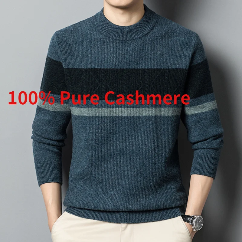 and New Autumn Arrival Winter Fashion Men's Pure Cashmere Knitted Bottomed Round Neck Striped Pullover Sweater Size XS-3XL