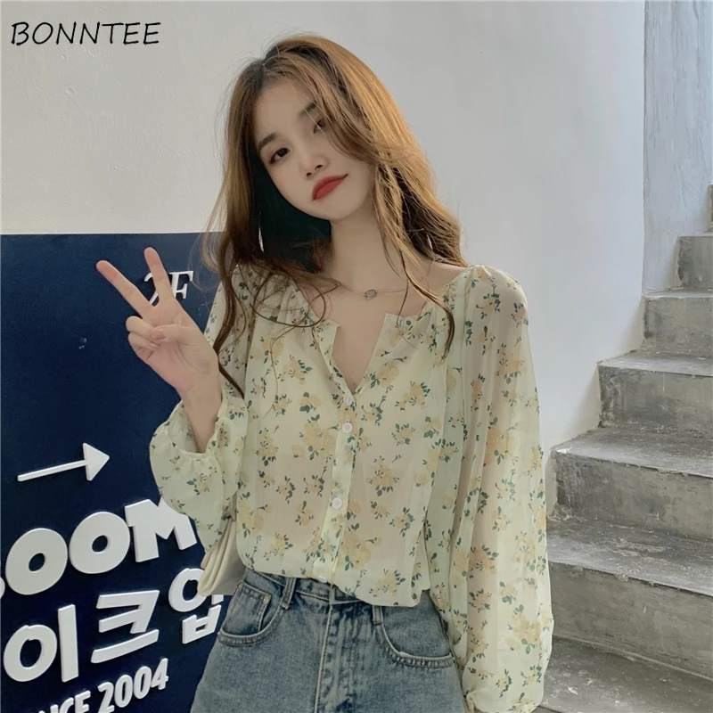 

Blouses Women Floral Design Sweet Casual Elegant Fashion Chiffon Thin Cozy Korean Style Vacation Stylish Blusas Mujer Loose Chic