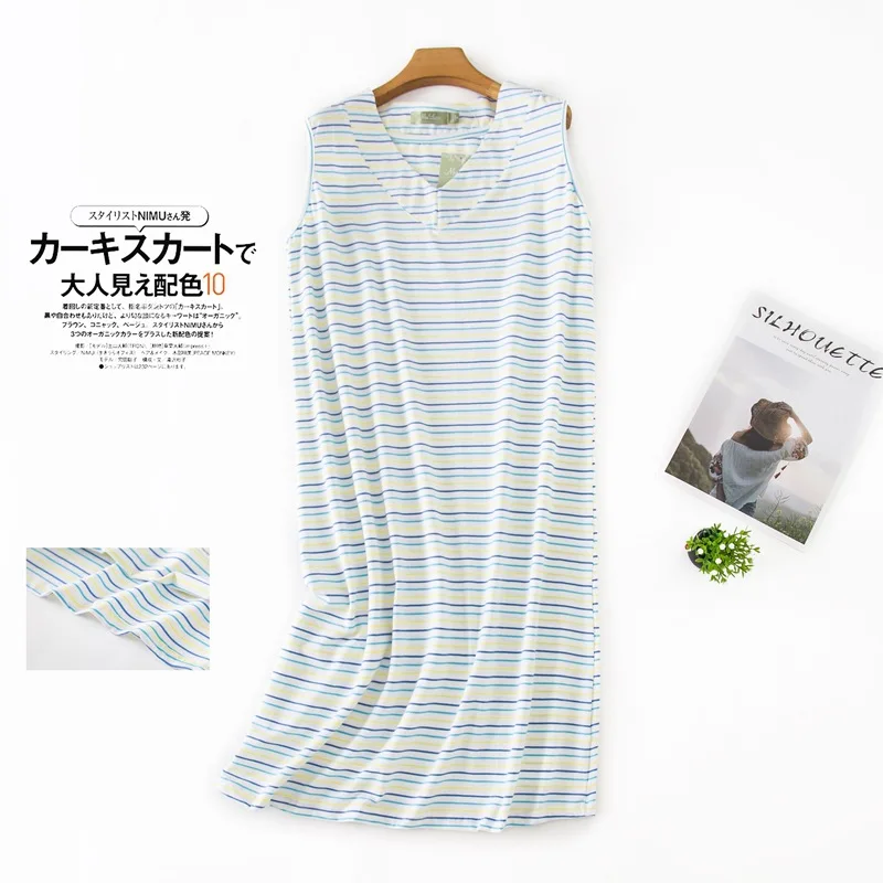 Summer Black Stripe Nightgown For Women Elastic Nightdress Women's Cotton V-Neck Sleeveless Nightwear Fashion Casual Dress
