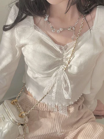 Sweet Lace Slim Tops Women Korean Chic Pure Color Square Collar Long Sleeve T-shirts Female Fashion Inner Matching Base Shirt