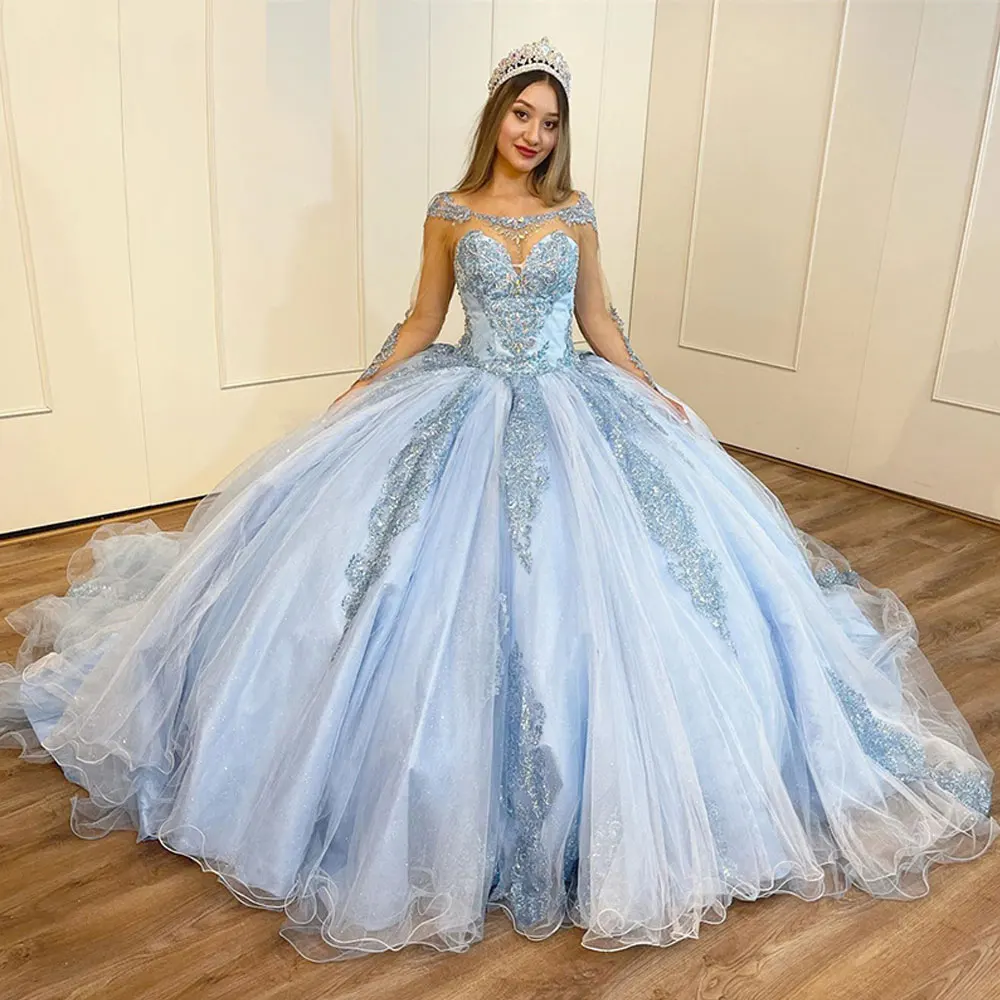 

Light Blue Quinceañera Dresses 2023 Ball Gown Long Sleeves Appliques Long Sleeves Vestido De 15 Anos Lace-Up Birthday Formal