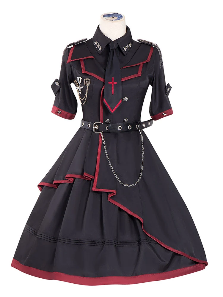 Купи Military Style Lolita OP Dress 3 Pieces Set Black Chains Rivets Gothic Lolita One Piece за 5,335 рублей в магазине AliExpress