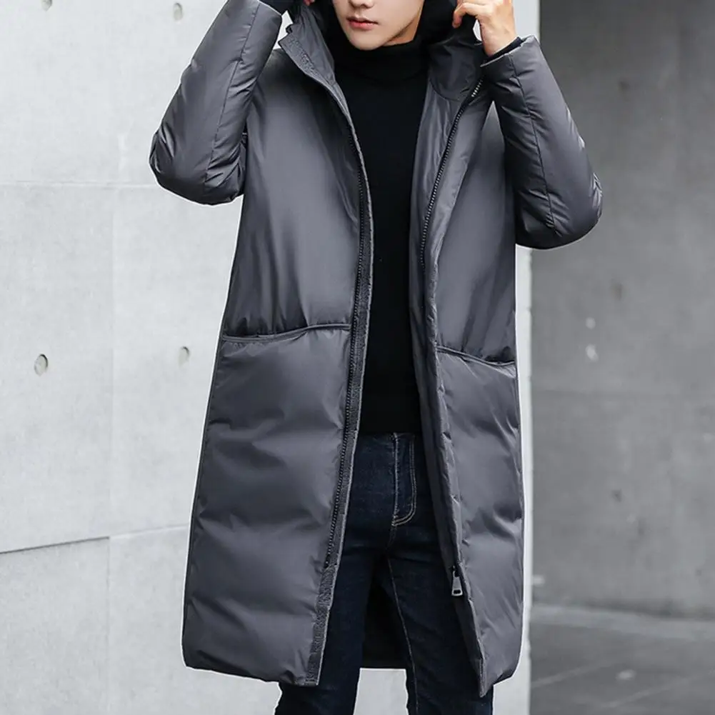 Men Hooded Jacket Cotton Padded Solid Color Long Sleeve Coldproof Outerwear Winter Thicken Fluffy Filling Windbreaker Streetwear