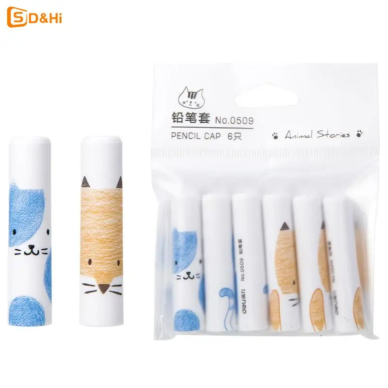 

6Pcs Cute Cat Pencil Cap Pen Cover Kawaii Pencil Extender Korean Stationery Kids Gifts School Office Supplies