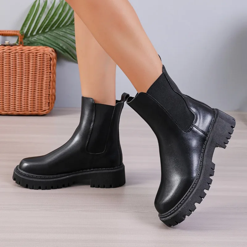 

2023 Hot Sale Shoes Female Slip on Women's Boots Autumn Round Toe Mixed Colors Naked Boots Mid Heel Water Proof Fashion Boots