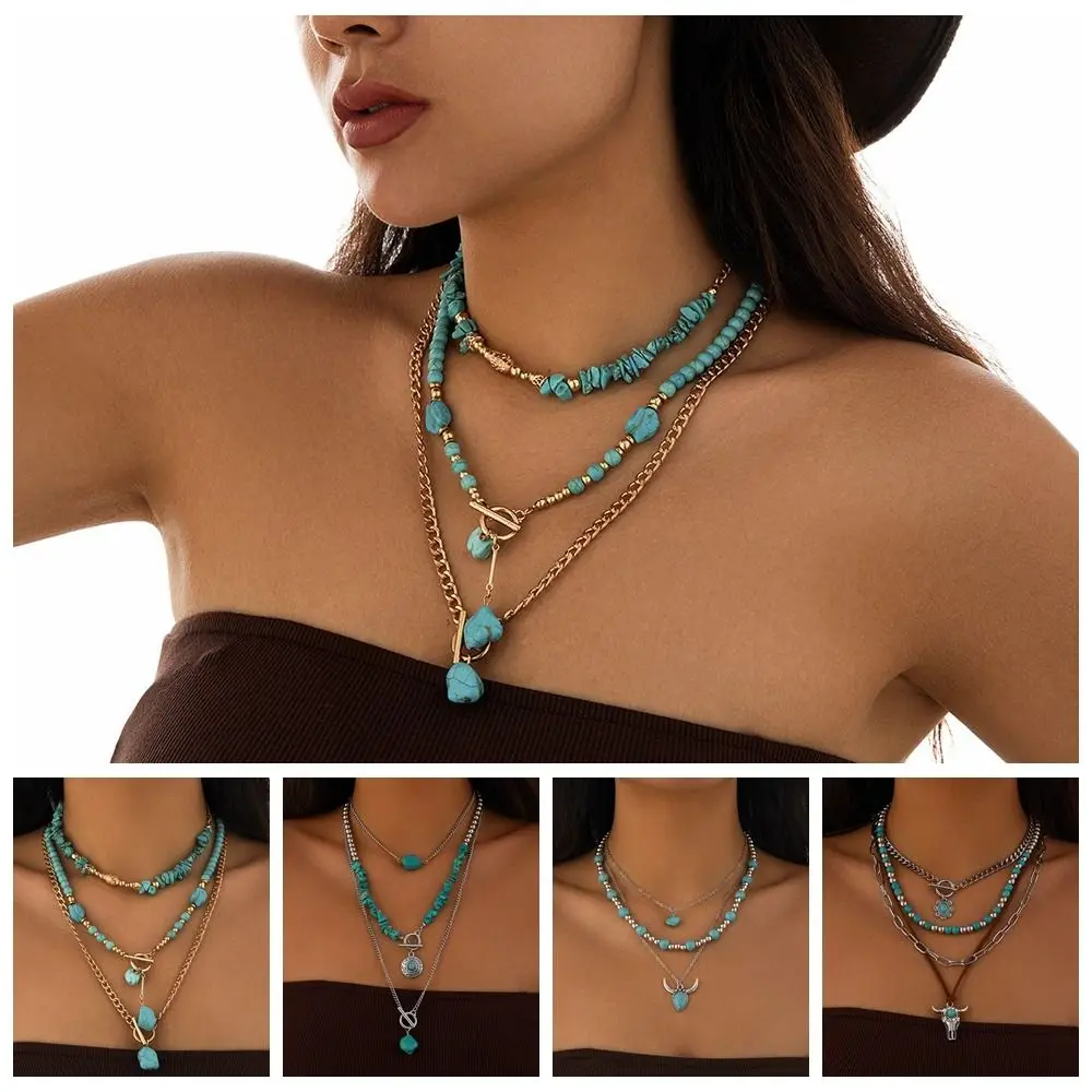 Бирюзовое многослойное ожерелье в богемном стиле
