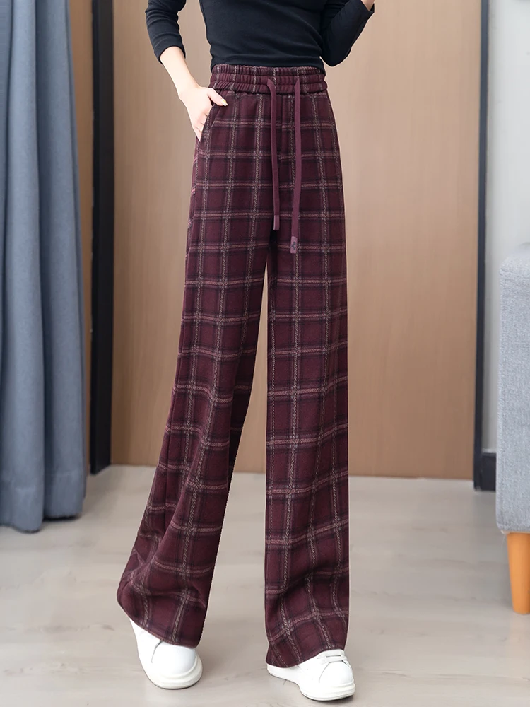 Plus Size Woolen Plaid Wide-Leg Pants Women Autumn and Winter 2024 New Elastic High Waist Loose Drape Ankela Red Straight