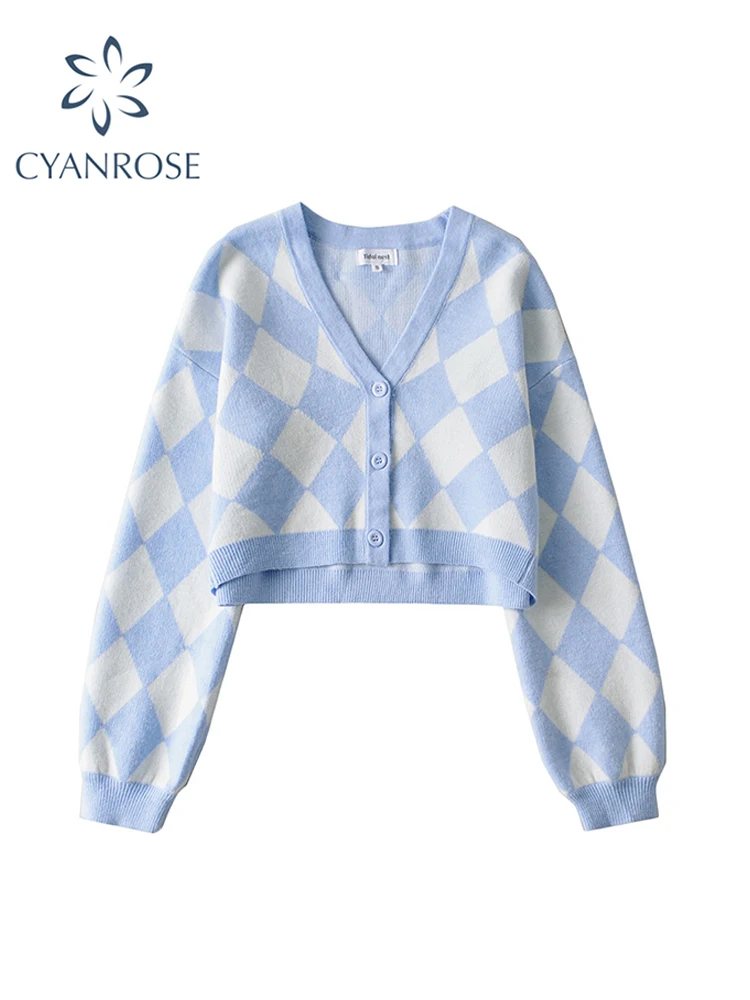 

Women's Blue Cardigan Knitted Sweater Fashion Long Sleeve V-Neck Checked Sweater Korean Y2k Vintage Jumper Sweaters Top Clothes