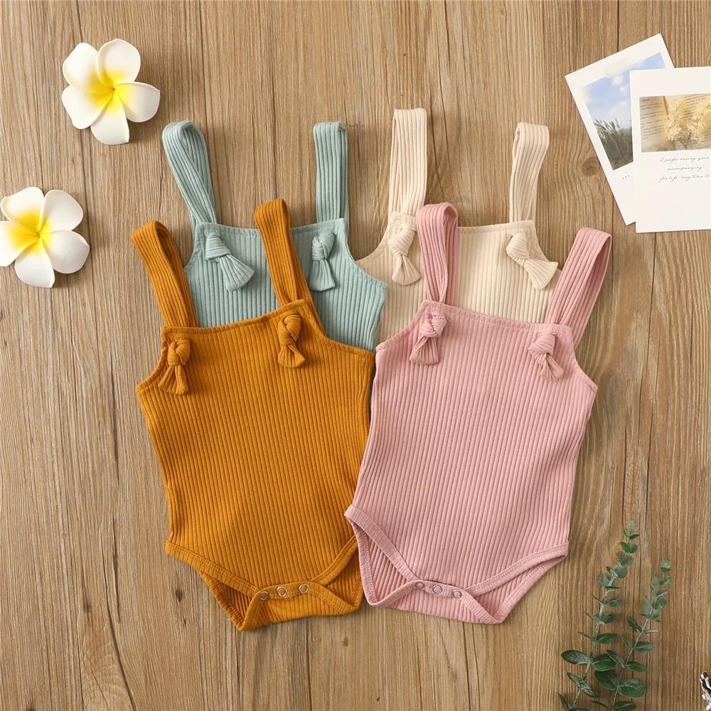 

0-24 Months Summer Newborn Baby Girls Sleeveless Solid Color Romper Casual Adjustable Strap Crotch Snaps Ribbed Bodysuit