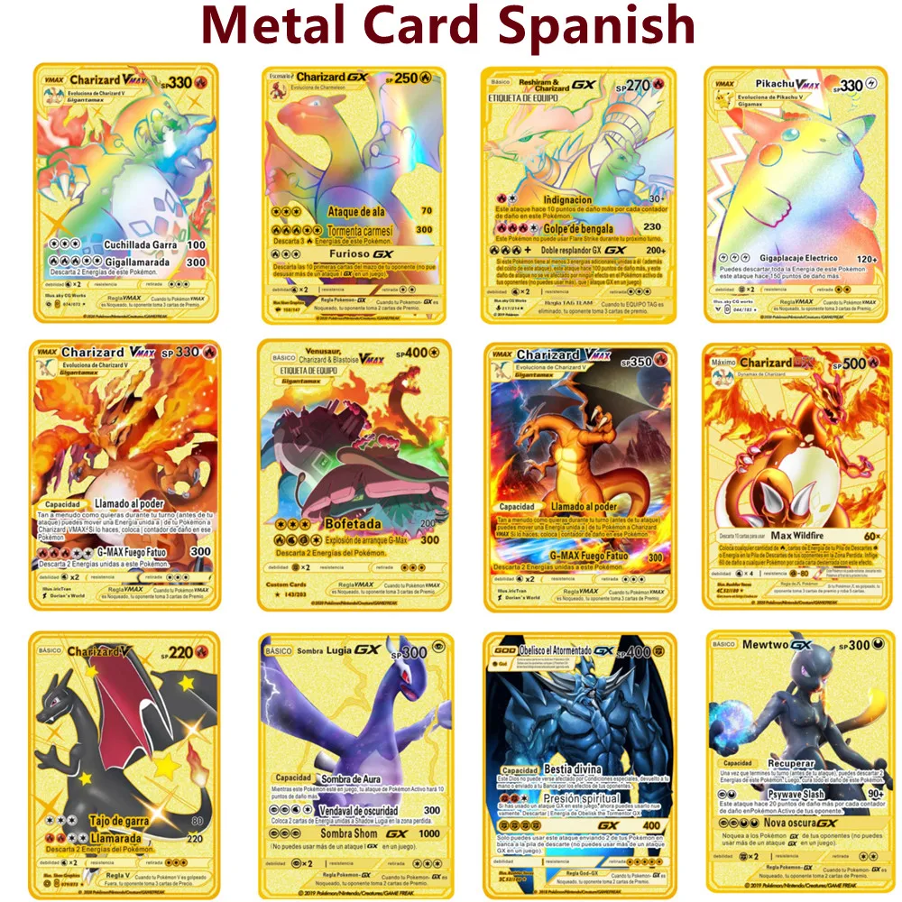 

Spanish Pokemon Cards Gold Metal Pokemon Cards Spanish Hard Iron Cards Mewtwo Pikachu Gx Charizard Vmax Pack Game Collection