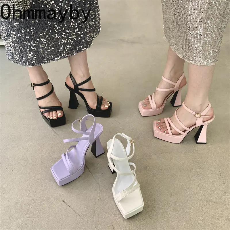 

2023 Summer Gladitor Women Sandal Fashion Narrow Band Shoes Square High Heel Party Drees Pumps Shoes Open Toe Sandalias