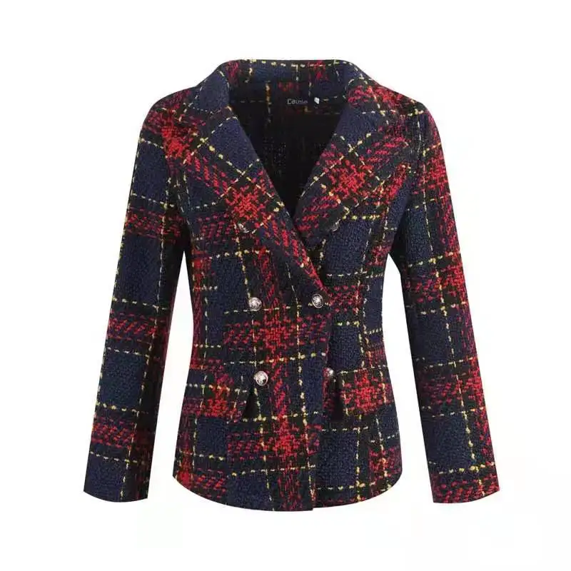 

Tweed Tassel Houndstooth Blazer za Women Red Plaid Double Breasted Suit 2023 Spring Autumn Office Lady Fashion Casual Blazers