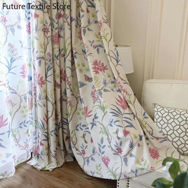 

Imitation Cotton and Linen Curtains Flowers Birds Plants American Country Printing Curtains for Living Dining Room Bedroom