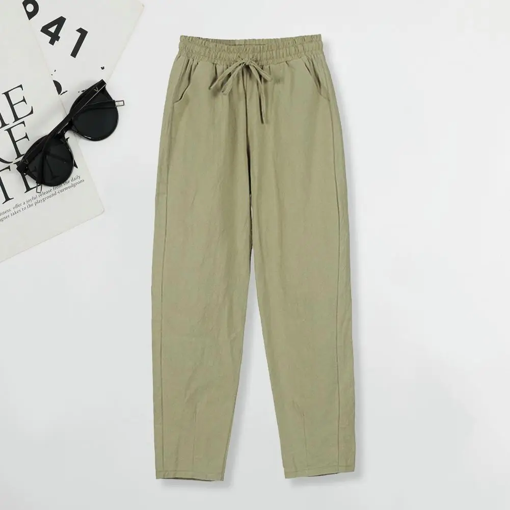 Minimalistic Casual Trousers  Trendy Flax Long Pants  Drawstring Design Summer Pants