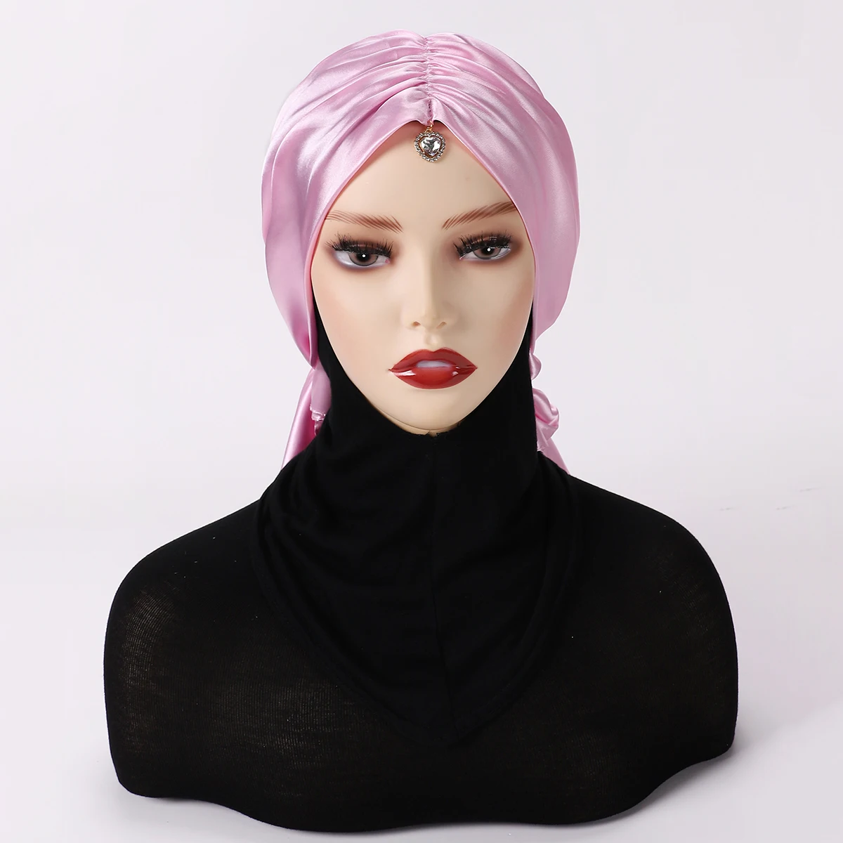 

Luxury Muslim Women Stretchy Satin Square Scarf Turban Hat with Pendant Headscarf Pre-Tied Beanies Headwear Hair Accessories