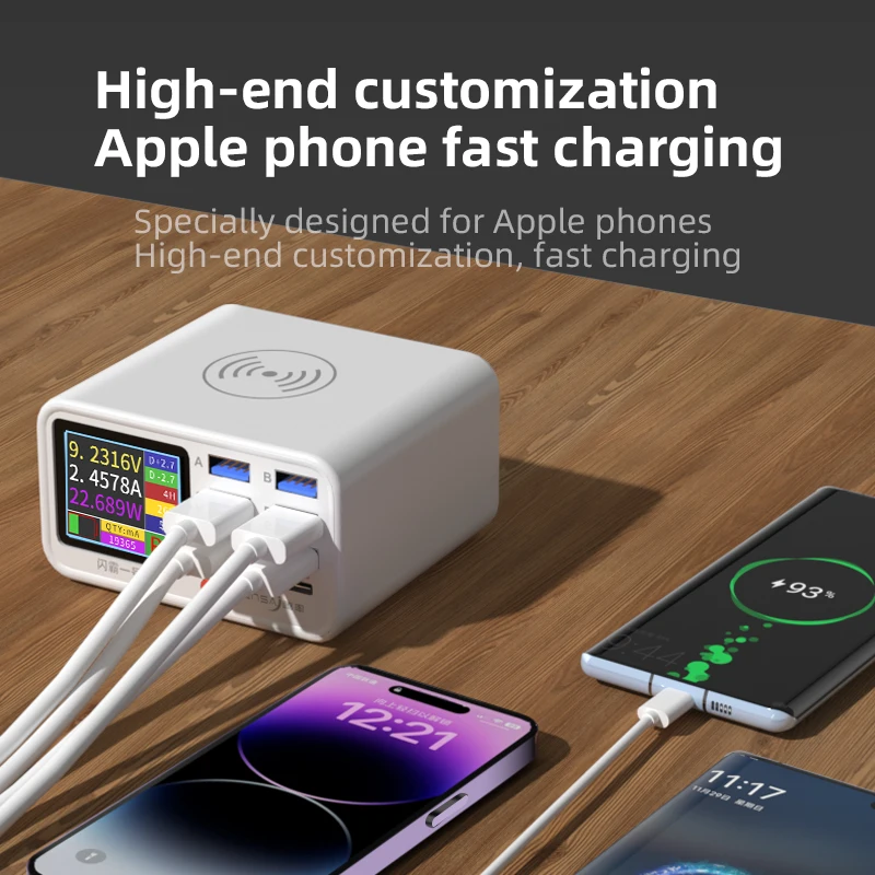 Multi Function Charger Station with 1.8-inch LED Screen 8 Port USB QC3.0 USB-C PD 20W and 15W Wireless Fast Charging