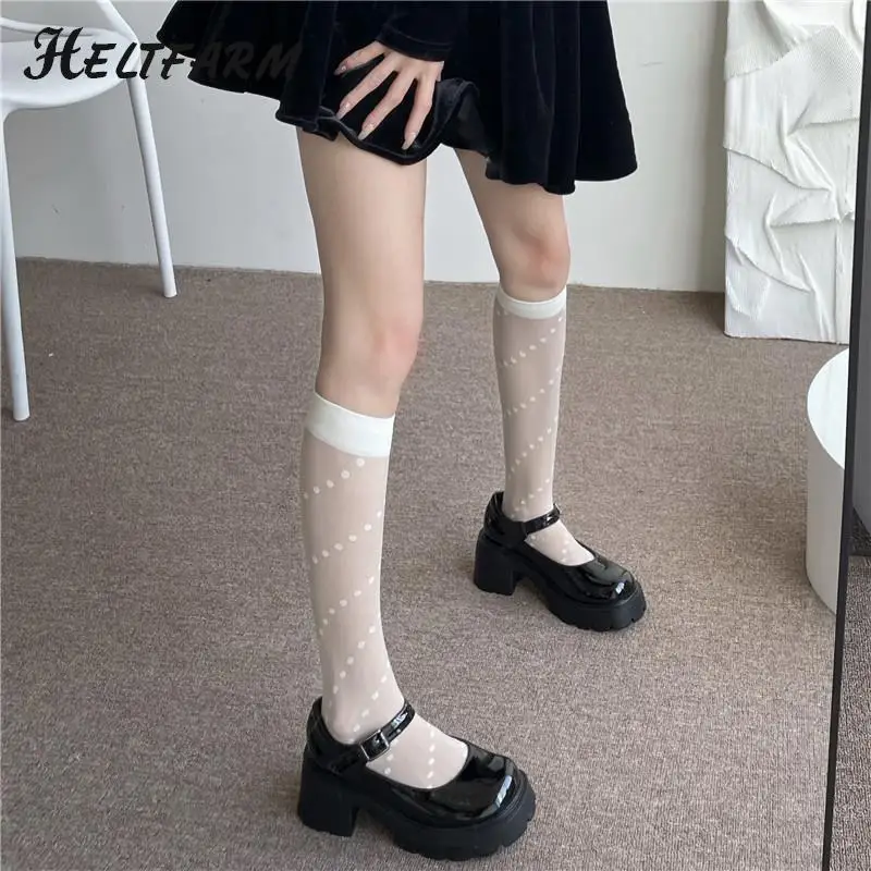 

1Pair Summer Thin Nylon Long Socks Stockings College Style JK Lolita Girls Polka Dot Diamond Plaid Lower Knee Socks Stockings