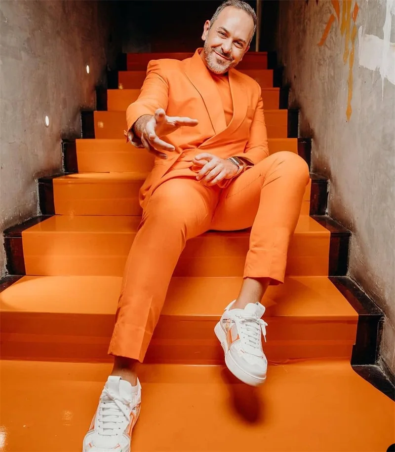 Ярко-оранжевые мужские брючные костюмы модные смокинги для жениха блейзер с