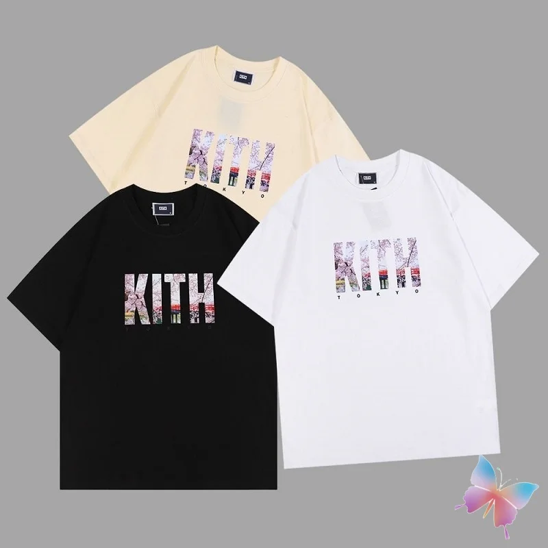 

Men Women Kith Short Sleeve Tee High Quality Tokyo Limited Cherry Blossom Print Loose T-shirt