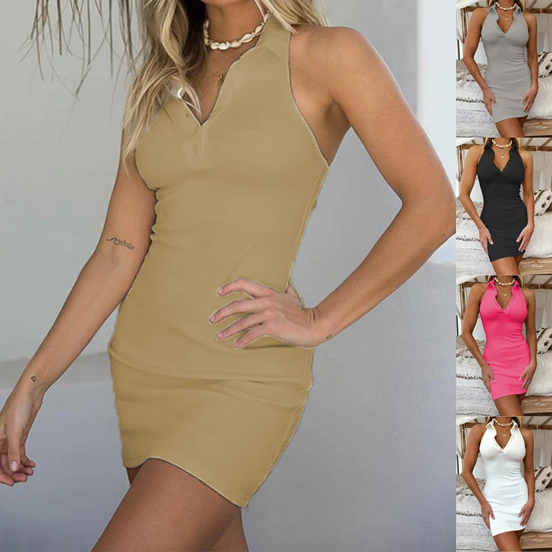 

Summer Women Mini Dress V Neck Button Front Open Back Stretch Halter Knit Off Shoulder Sleeveless Sexy Elegant Dresses