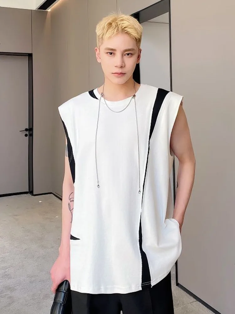 

SYUHGFA Men Clothing Tank Tops Loose Korean Trend Fashion Vest 2022 Summer Black White Patchwork Sleeveless Tee Tops Vests