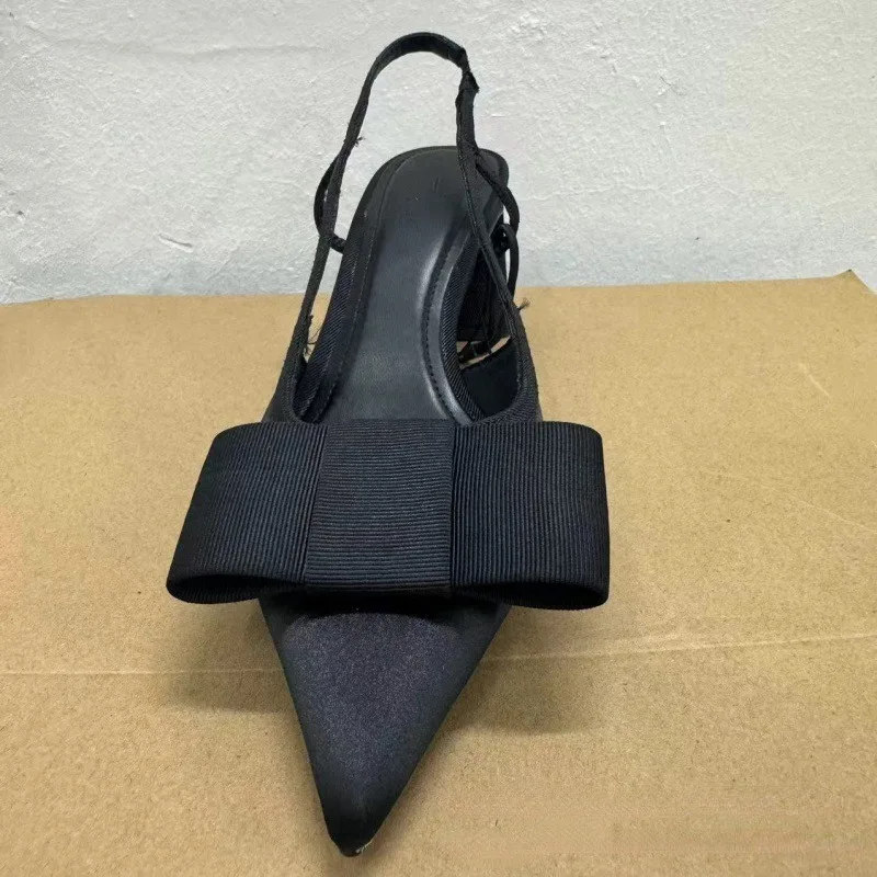 2024 черные женские элегантные туфли на высоком каблуке с острым бантом роскошные