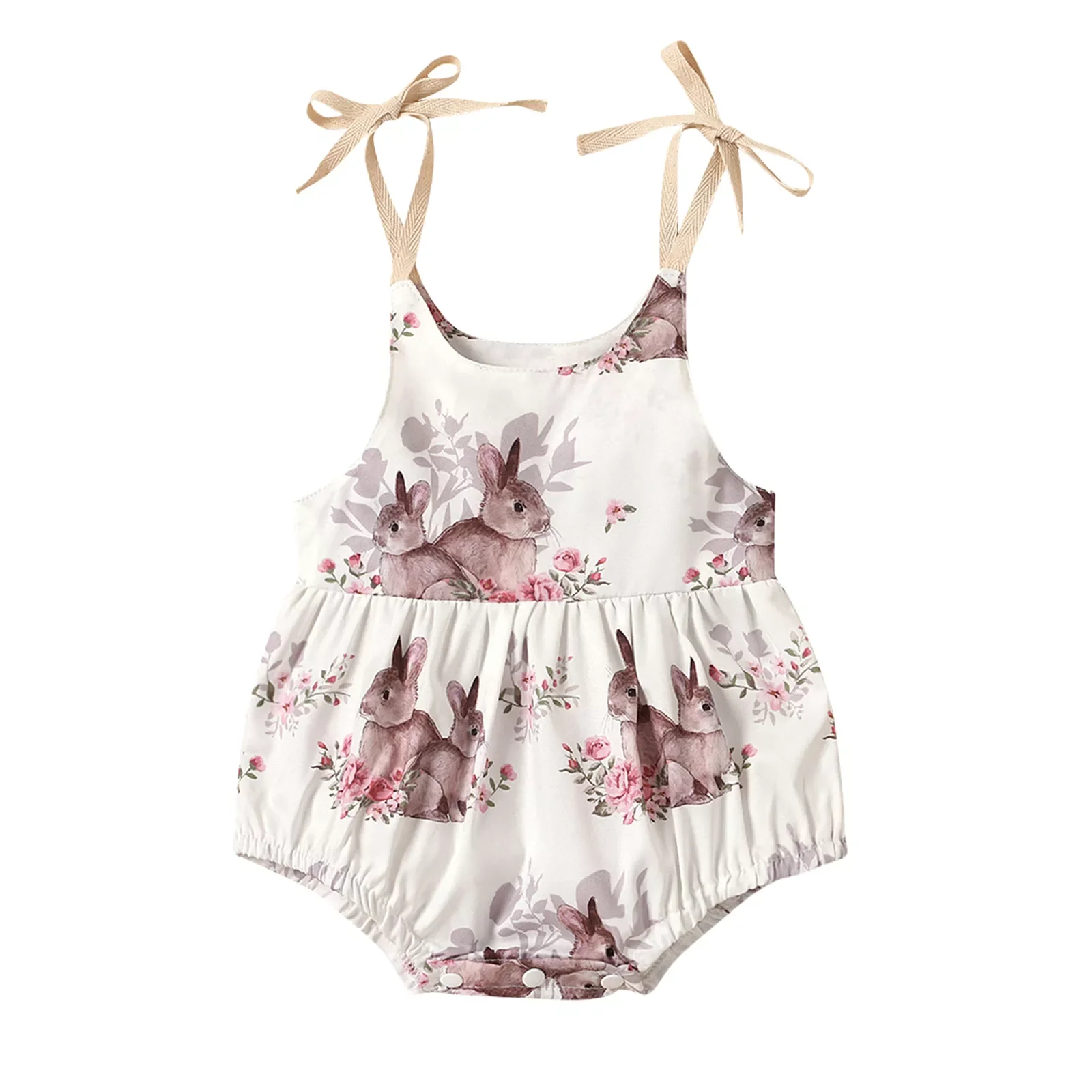 Baby Rabbit Flower Printing Bodysuit, Infants Sleeveless Suspender Jumpsuits Round Collar High Waist Clothing