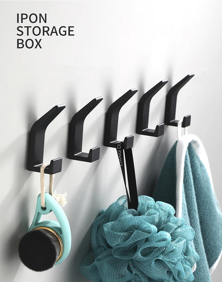 

No Drilling Double Hook Black and White Towel Hook Bathroom Clothes Coat Hook Bedroom Coat Hook Living Room Kitchen Accessories