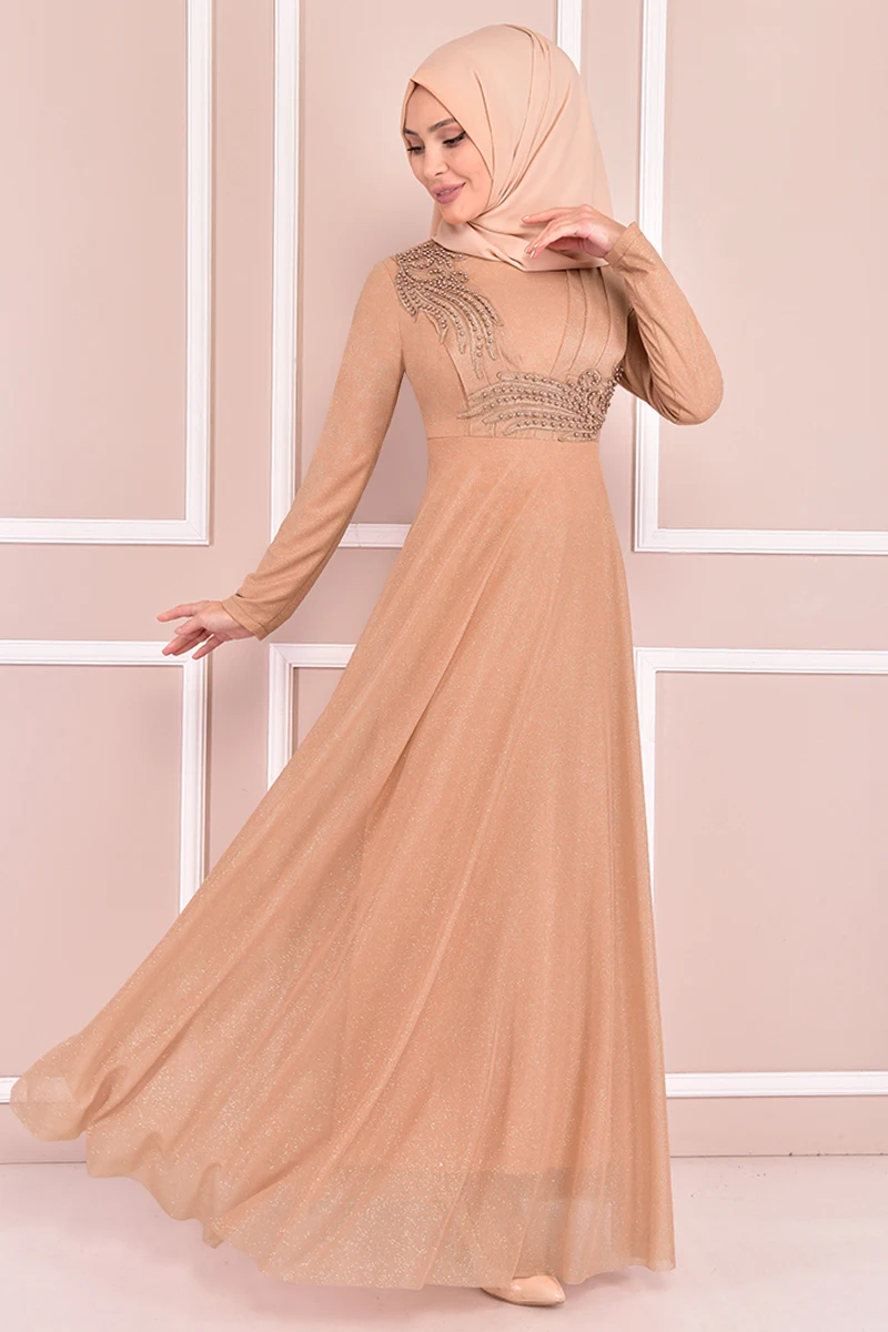 

Pearl Detail Silvery Dress Beige Elegant Clubbing Long Dress Muslim Fashion Women Full Sleeve Dresses Casual Belted KBR10025