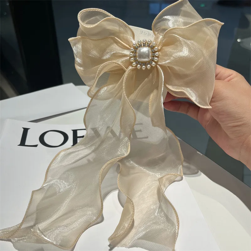 

One line spring clip, summer hair ornament, back of head, ponytail headdress, chiffon bow, pearl hairpin